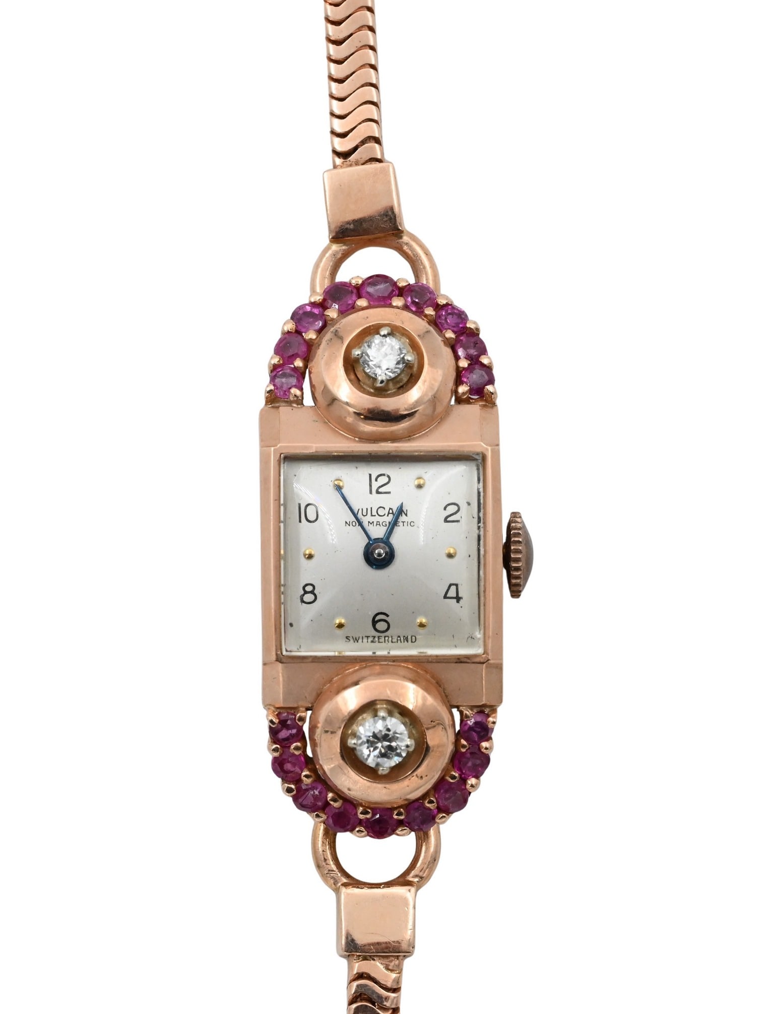 14K Pink Gold Vulcan Non-Magnetic Swiss Ladies Art Deco Wristwatch: 14K Pink Gold Vulcan Non-Magnetic Swiss Ladies Art Deco Wristwatch flanked by diamonds and red stones having flexible pink gold bracelet, 6 inches long, total weight 21 grams
