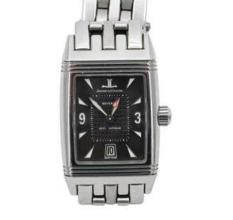 Jaeger-LeCoultre Reverso "Transport" Men's Wristwatch: Jaeger-LeCoultre Reverso "Transport" Men's Wristwatch having black dial, stainless steel case and band, like new with original box and paperwork