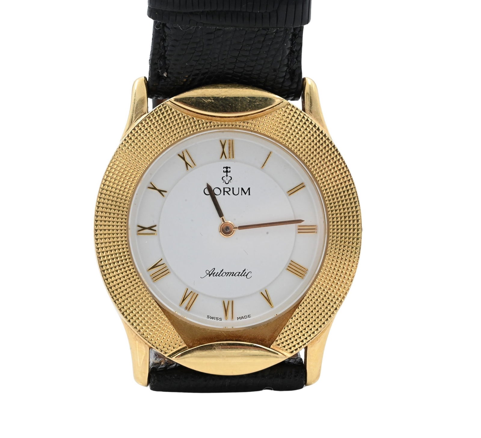 Corum Automatic 18K Yellow Gold Men's Wristwatch having Leather Band: Corum Automatic 18K Yellow Gold Men's Wristwatch having Leather Band 18K yellow gold buckle (stem wind top missing) total weight 59.9 grams