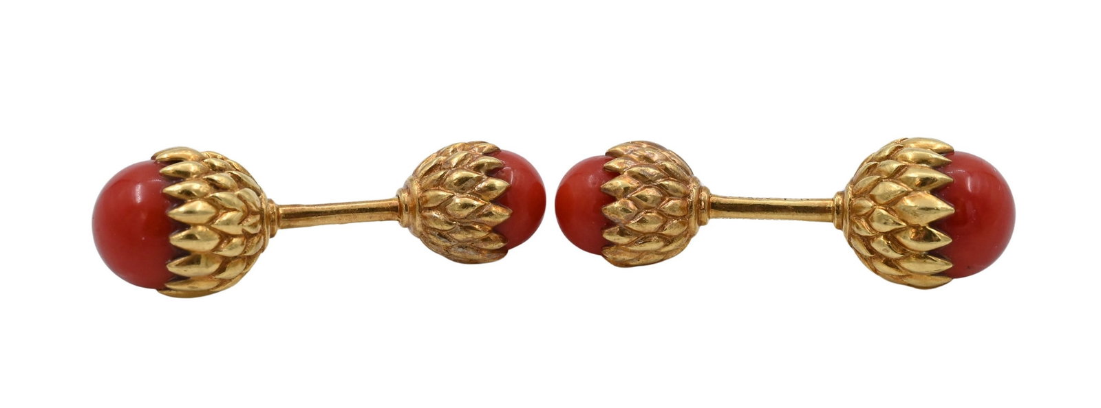 Pair of Tiffany and Company Schlumberger Cufflinks Mounted with Cabochon Cut Coral: Pair of Tiffany and Company Schlumberger Cufflinks Mounted with Cabochon Cut Coral 1 inch, total weight 13.2 grams