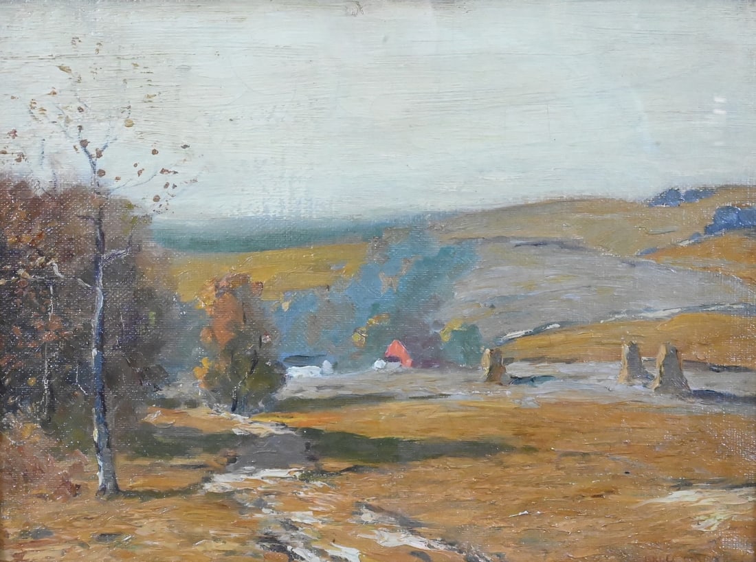 Bruce Crane (American 1857-1937): Bruce Crane (American 1857-1937) Autumn Golden Hill Landscape Oil on canvas Signed lower right "Bruce Crane" Inscription on frame verso "Cullen Yates 939 8th Ave New York" 12" x 16" Provenance: Estate