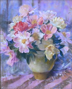 Laura Coombs Hills (American 1859-1952): Laura Coombs Hills (American 1859-1952) Still Life of Pink Peony Flowers in a Vase Pastel on paper Signed lower left Laura Hills 29" x 24" Provenance: Bakker/Bocelli, November 5, 2000 ($34,000) Butler
