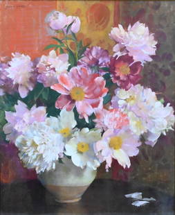 Laura Coombs Hills (American 1859-1952): Laura Coombs Hills (American 1859-1952) Still Life of Pink Peony Flowers in a Vase with Orange Wallpaper Pastel on paper Signed upper left Laura Hills 29" x 24" Condition: overall very good condition,