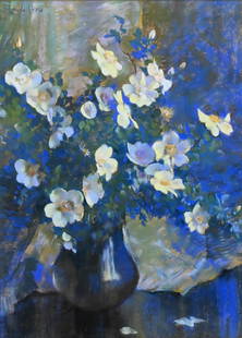 Laura Coombs Hills (American 1859-1952): Laura Coombs Hills (American 1859-1952) Still Life of White Flowers with a Blue Background Pastel on paper Signed upper left Laura Hills 23" x 17" Condition: overall very good condition, framed under