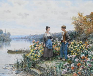 Louis Aston Knight (French/American 1873-1948): Louis Aston Knight (French/American 1873-1948) Conversation by the Parisian Riverside Featuring a young man and women talking amongst flowers Watercolor on paper Signed lower right Aston Knight, Paris