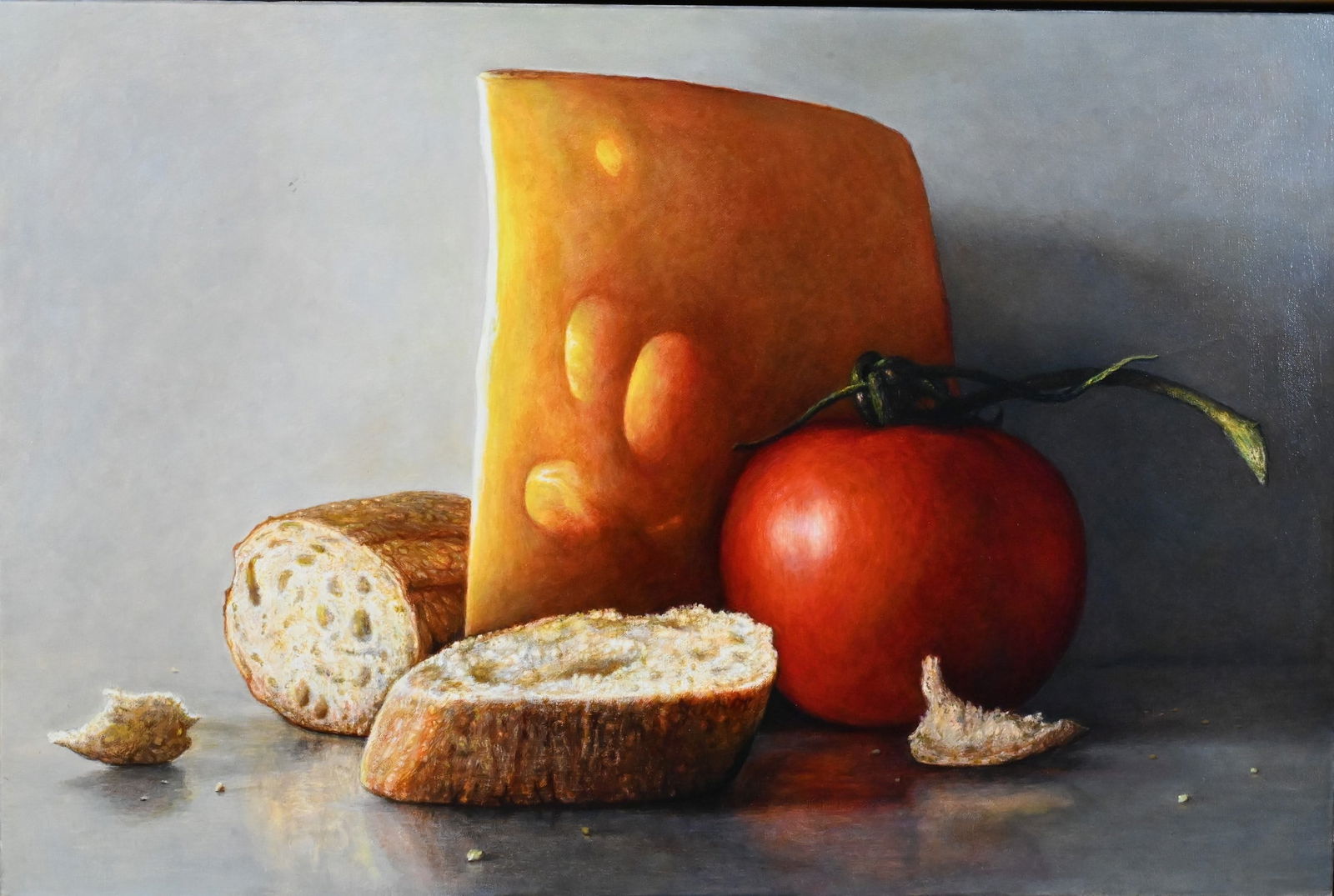 James Del Grosso (American B.1941): James Del Grosso (American B.1941) "Cheese and Tomato", 2001 Oil on canvas Signed, titled, dated verso, Del Grosso 2001 24" x 30" Condition: overall good condition, some possible inpainting below the