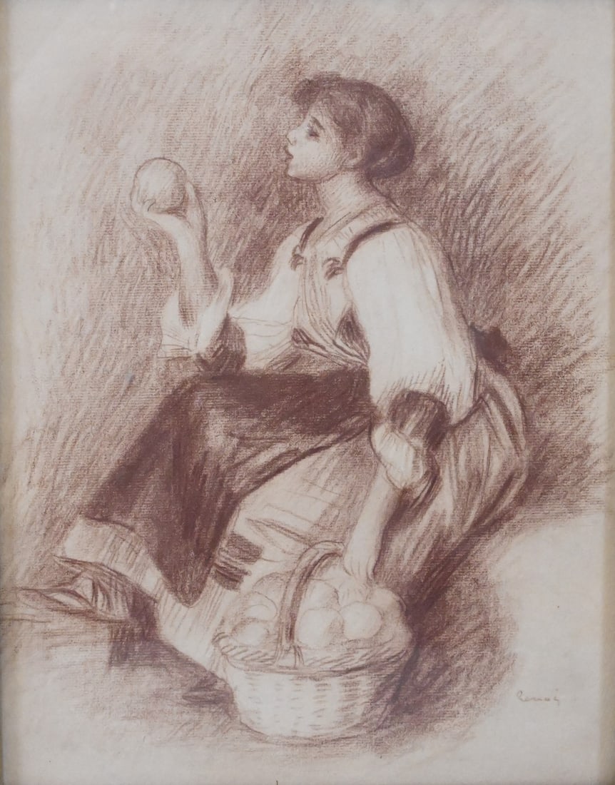 After Pierre-Auguste Renoir (French 1841-1919): After Pierre-Auguste Renoir (French 1841-1919) "Jeune Filles aux Pommes" Red lithograph on paper Signed lower right in plate Renoir 9" x 6" Provenance: Christies tag Condition: overall good condition,