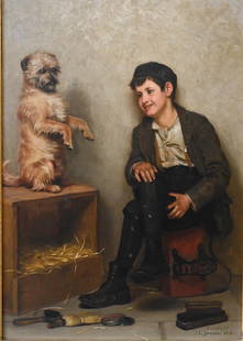 John George Brown (American 1831-1913): John George Brown (American 1831-1913) "Shoeshine Boy with Dog" Oil on canvas Signed lower right Copyright J.G. Brown N.A. 24" x 17" Provenance: Sotheby's, New York, May 24, 1989, lot 42 ($9,900) Cond