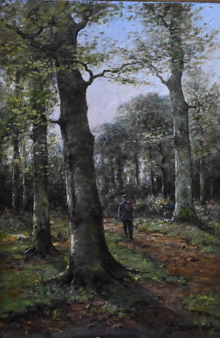 Cornelis Westerbeek (Dutch 1844-1903): Cornelis Westerbeek (Dutch 1844-1903) Forest Landscape with a Man and a Fiddle Oil on canvas Signed lower right C.Westerbeek 24" x 16" Condition: piece presents well, craquelure throughout, edge ware,