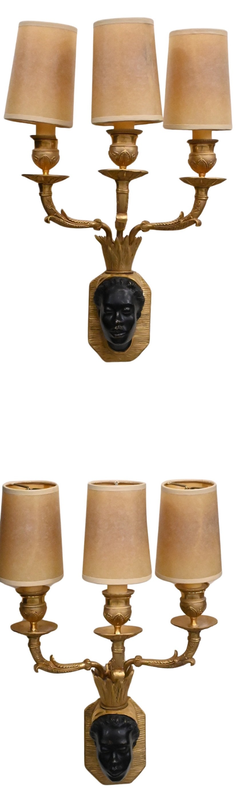 Pair of Gilt Metal Blackamoor Three Light Wall Sconces (1 of 6)