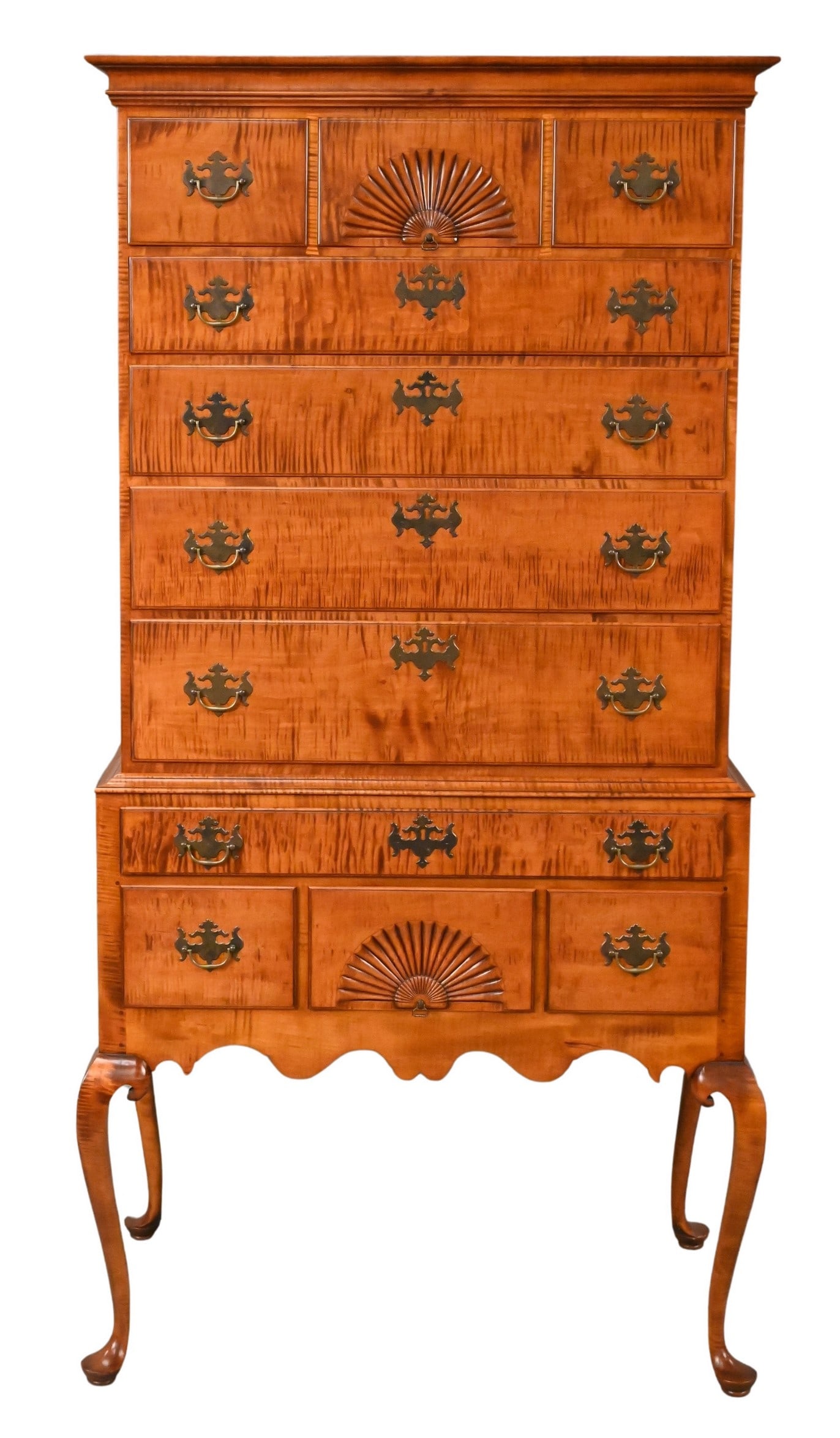 D.R. Dimes Tiger Maple Queen Anne Style Flat Top Highboy in Two Parts (1 of 5)