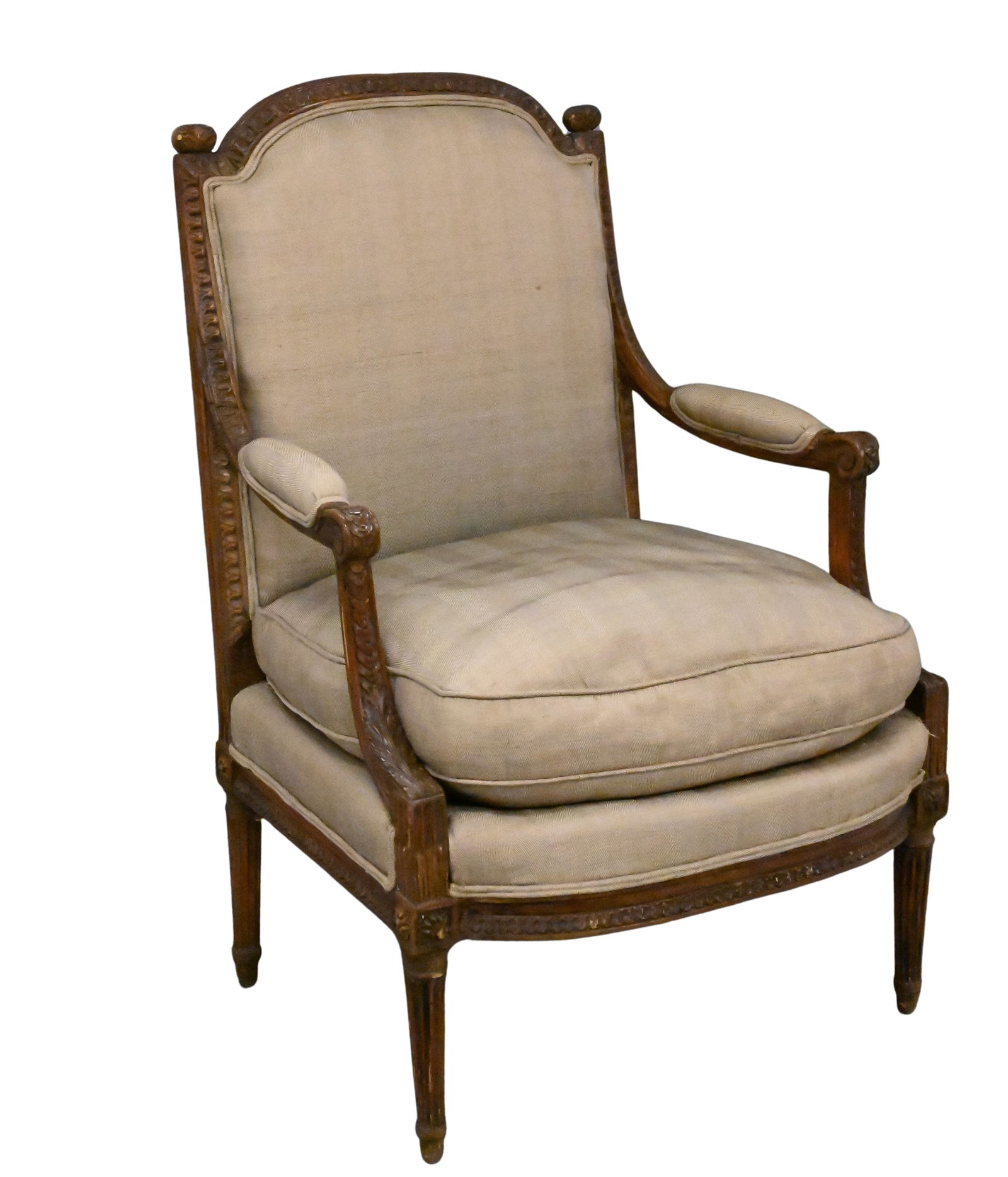 Louis XVI Painted Fauteuil having Brown Silk Upholstery: Louis XVI Painted Fauteuil having Brown Silk Upholstery set on fluted tapered legs, restored presents well minor loss to frame under seat height 37 1/2 inches, width 25 inches, depth 21 inches Provena