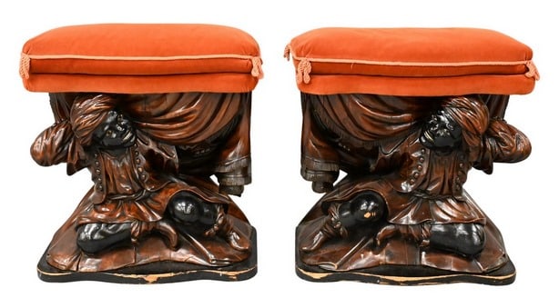 Pair of Ebonized Polychrome Decorated Moretto Blackamoor Stools (1 of 8)