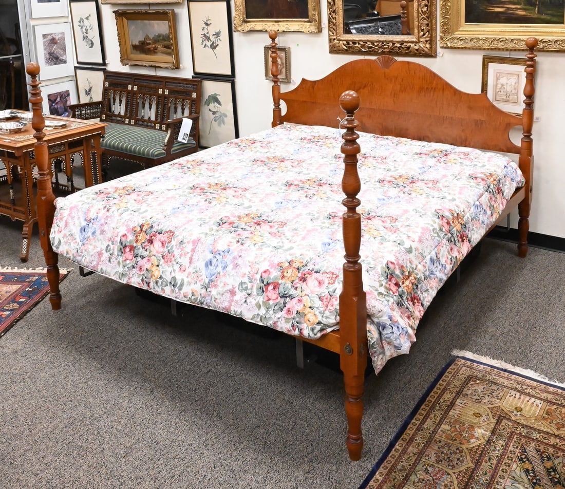 Eldred Wheeler Tiger Maple Four Post Cannonball Top Bed: Eldred Wheeler Tiger Maple King Size Four Post Cannonball Top Bed height 56 1/2 inches, width 82 inches Condition: Very good condition, minor scratching to rails and posts.