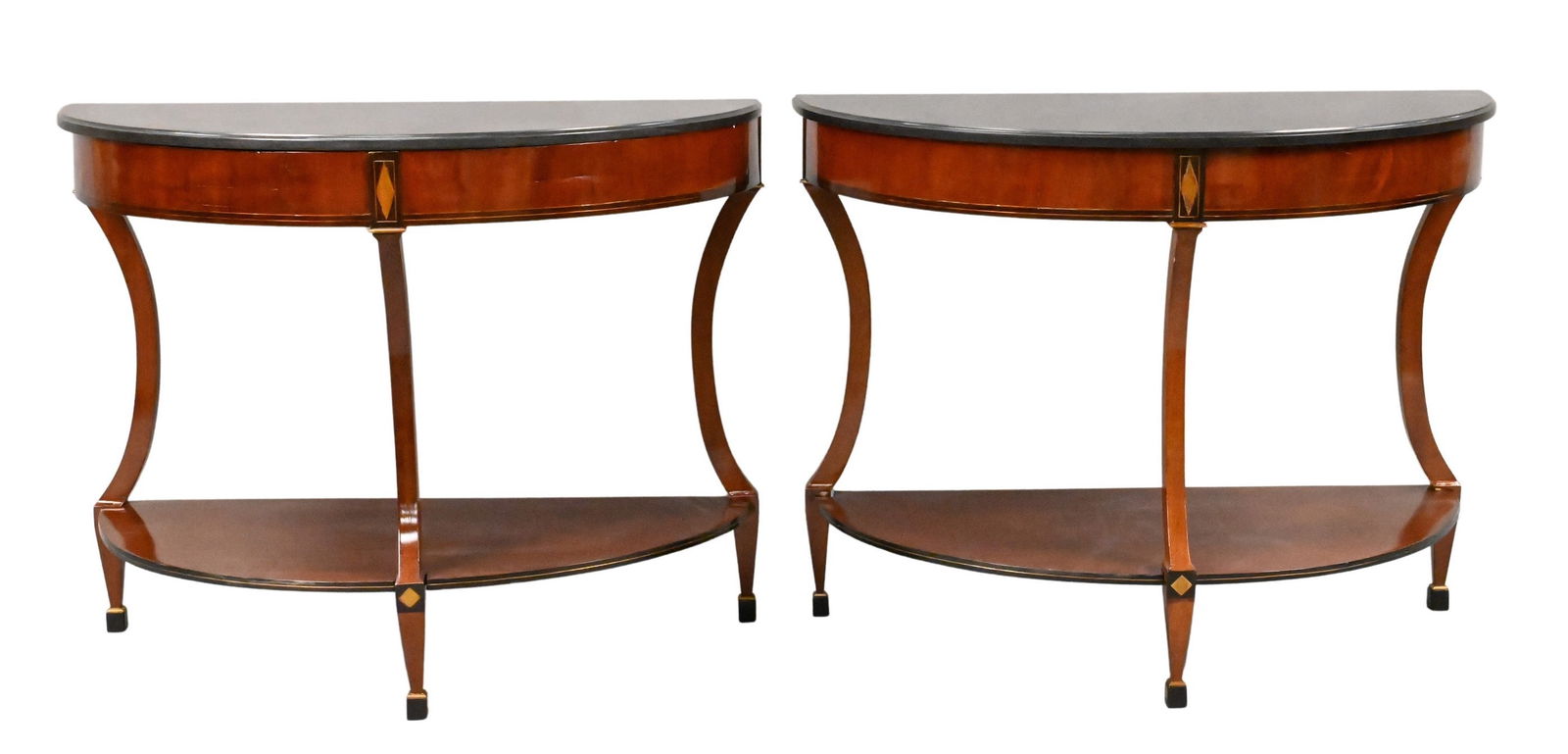 Pair of Neoclassical Brass Inlaid Mahogany Demilune Console Tables Attributed to Jean-Joseph Chapuis: Pair of Neoclassical Brass Inlaid Mahogany Demilune Console Tables Attributed to Jean-Joseph Chapuis Brussels, early 19th century height 31 inches, width 39 1/2 inches, depth 20 inches Provenance: Pro