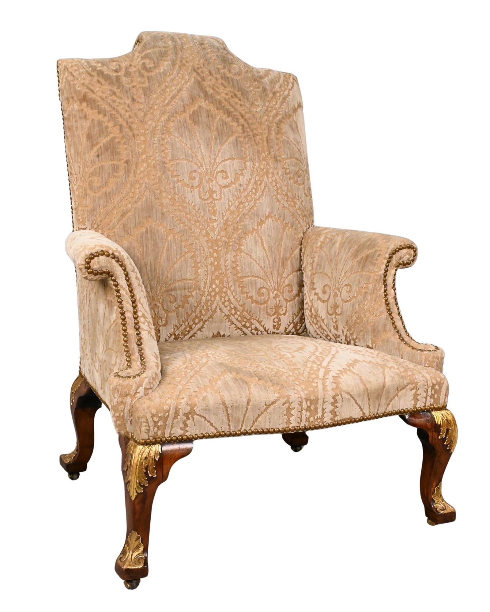 William Kent Upholstered Armchair: William Kent Upholstered Armchair on carved cabriole legs with gilt foliate and shell carving, probably late 18th century (frame supported under seat) height 38 1/2 inches, width 32 1/2 inches Conditi