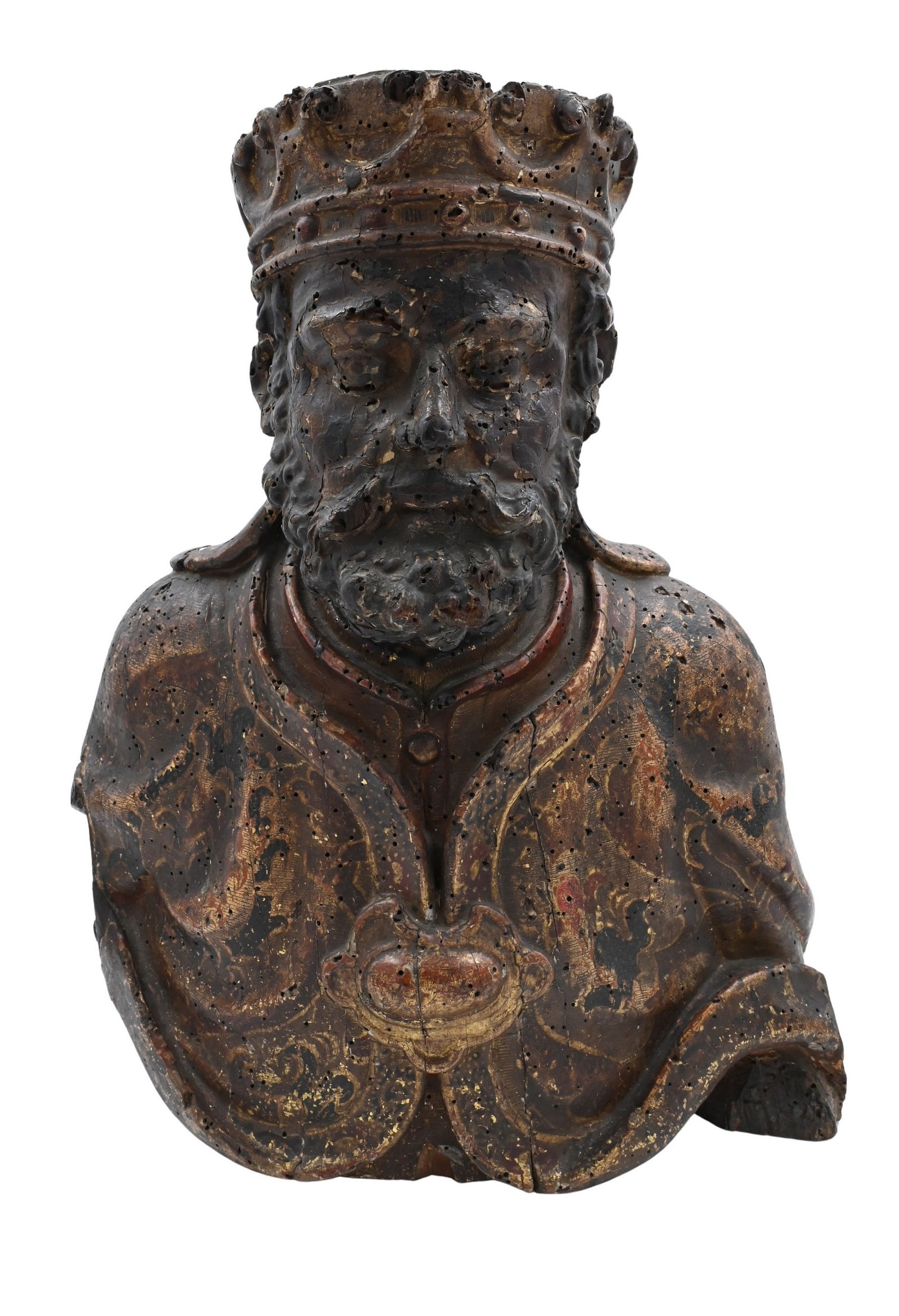 Polychrome and Gilt Wood Carved Reliquary Bust (1 of 10)
