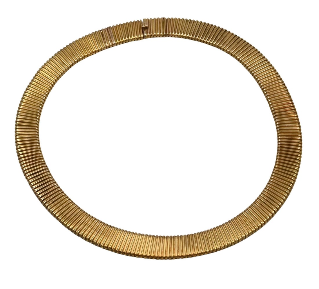 Birks 15 Karat yellow Gold Necklace / Choker: Birks 15 Karat yellow Gold Necklace / Choker slightly stretchable, slight dents length 14 1/2 inches, weight 32.3 grams Provenance: From Collection of Steven and Paula Schimmel Woodstock, Connecticut