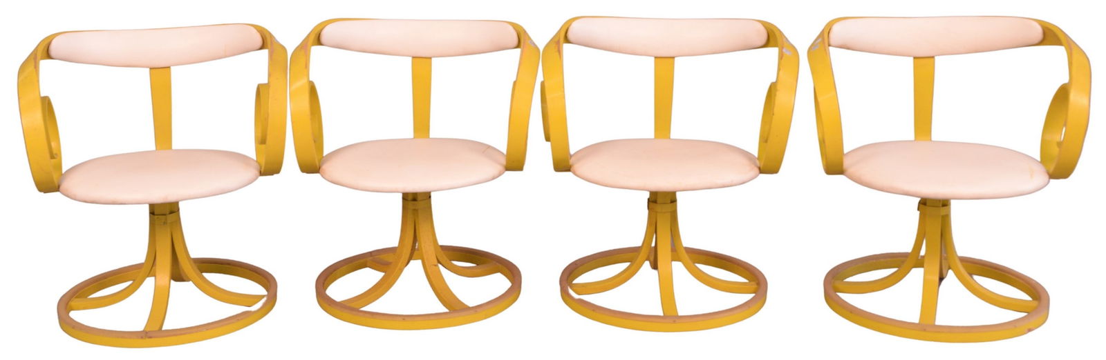 Set of Four George Mulhauser Bentwood "Sultana Chairs" Made for Plycraft: Set of Four George Mulhauser Bentwood "Sultana Chairs" Made for Plycraft having original yellow paint and upholstered seats height 24 1/2 inches, width 23 1/2 inches