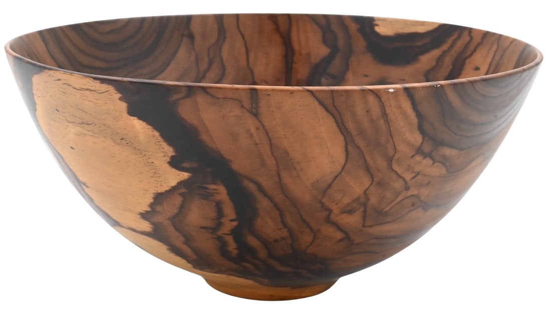 Bob Stocksdale (American 1913-2003) Hand Carved Bowl: Bob Stocksdale (American 1913-2003) Hand Carved Bowl Nicaraguan cocobolo wood bowl having tapering foot, inscribed with wood variety and signed Bob Stocksdale height 4 inches, diameter 9 inches Proven