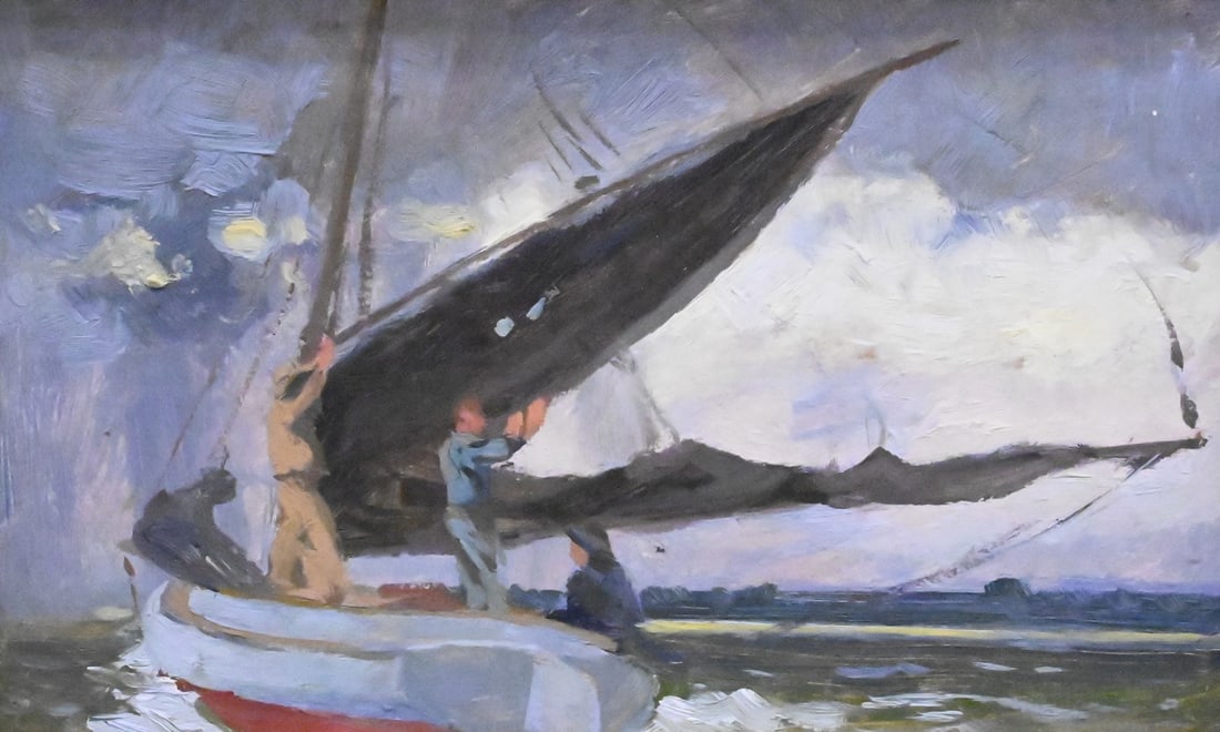 George Henry Clements (American 1854-1935): George Henry Clements (American 1854-1935) "Hoisting Sails" study of a sailboat on the ocean Oil on board Signed on verso "Clements" 5 1/2" x 9" Provenance: The Slater Memorial Museum, Norwich, Connec