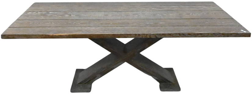 Attributed to Christian Liaigre (French 1943-2020) for Holly Hunt Wood and Metal Dining Table: Attributed to Christian Liaigre (French 1943-2020) for Holly Hunt Wood and Metal Dining Table chocolate brown wood, having X bar base, split wood top, inset with metal bars and carved reeded wood cent