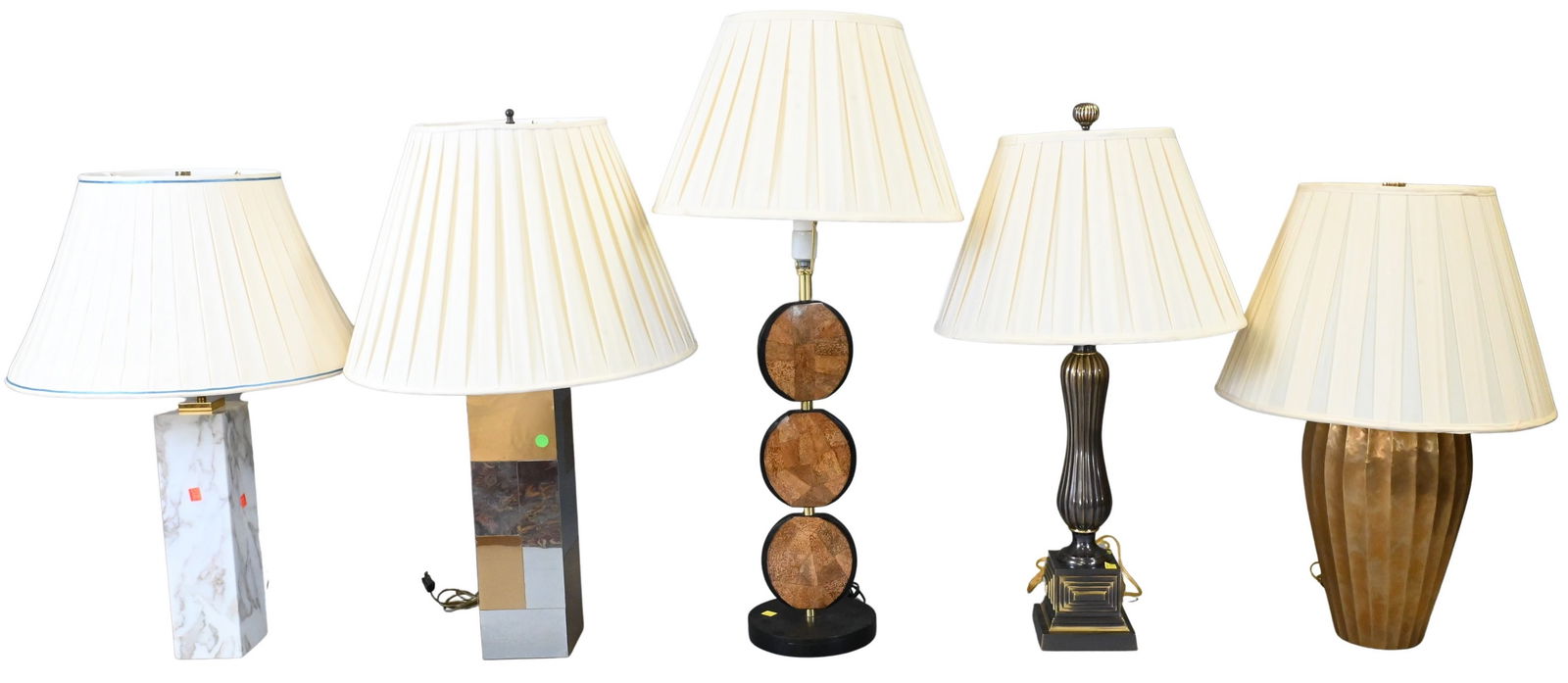 Group of Five Mid-Century Modern Table Lamps: Group of Five Mid-Century Modern Table Lamps to include Robsjohn Gibbings Marble table lamp, McGuire brass fluted and tapering lamp, Frederick Cooper brass/bronze Art Deco column table lamp, Paul Evan