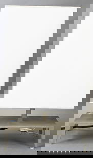 Christian Liaigre "Galerne" Table Lamp: Christian Liaigre "Galerne" Table Lamp rectangular matte aluminum patinated brass body set on four tapering legs, trapezoidal paper shade, retails for over ($1000) height 15 1/2 inches