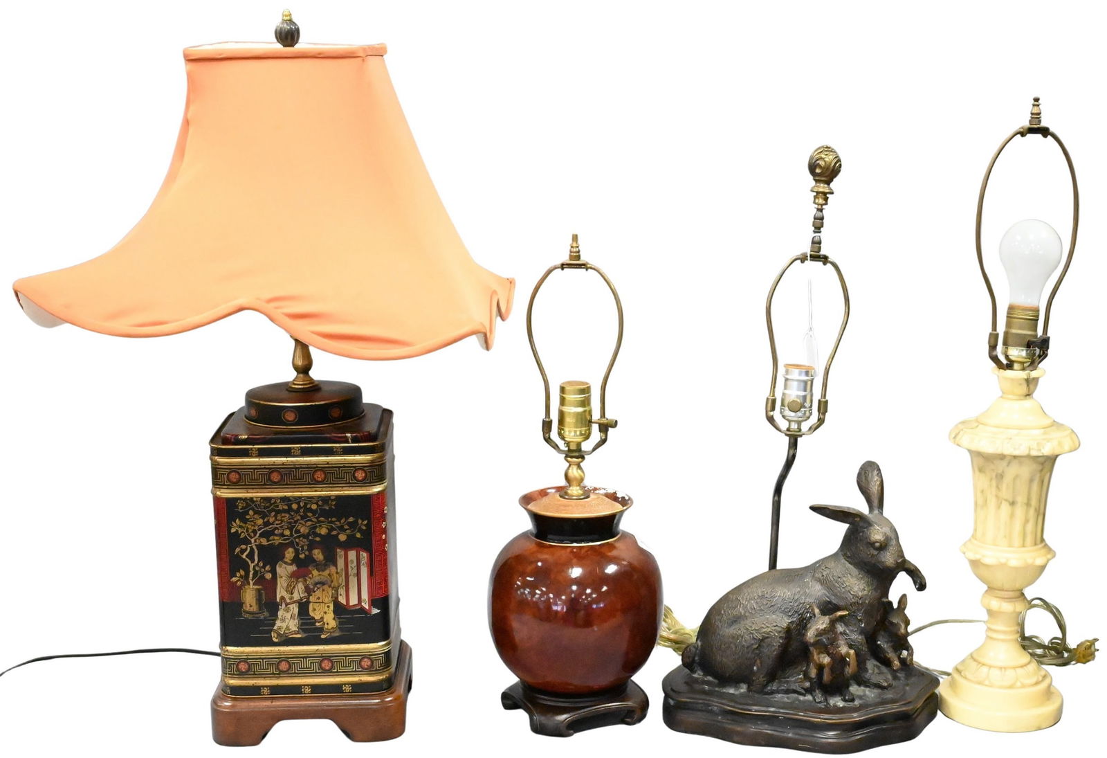 Group of Four Table Lamps: Group of Four Table Lamps to include metal figural lamp of rabbit and bunnies, round ceramic, marble urn form, Frederick Cooper style Chinoiserie tea canister tea canister height 27 inches