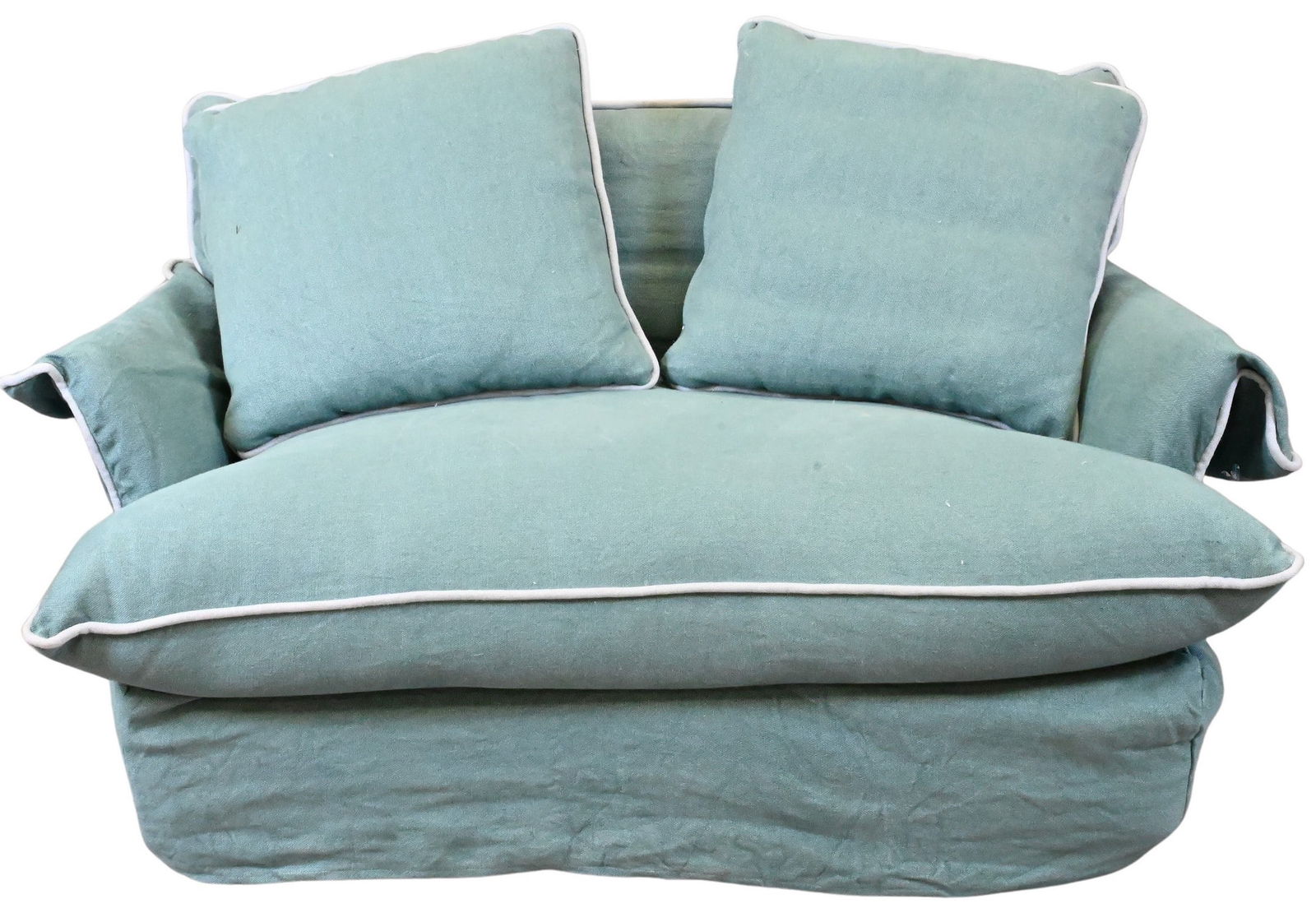 Maker and Sons Upholstered Loveseat: Maker and Sons Upholstered Loveseat having custom fitted slip cover along with two extra fitted slipcovers height 31 inches, length 56 inches, depth 42 inches