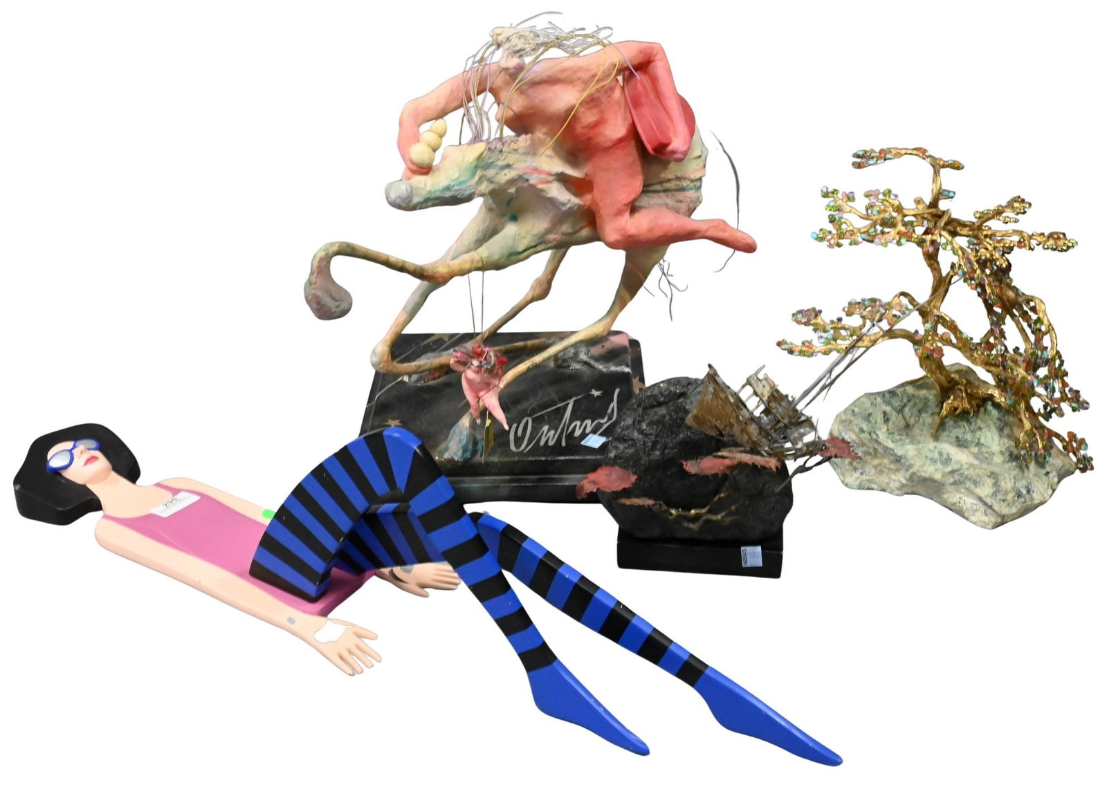 Four Piece Mid-Century Modern Art Group: Four Piece Mid-Century Modern Art Group to include "Fat Chick" ceramic / papier mache rotating figure of a pink woman on a horse dated 1987, Donald Purdy rock and metal ship sculpture signed and dated