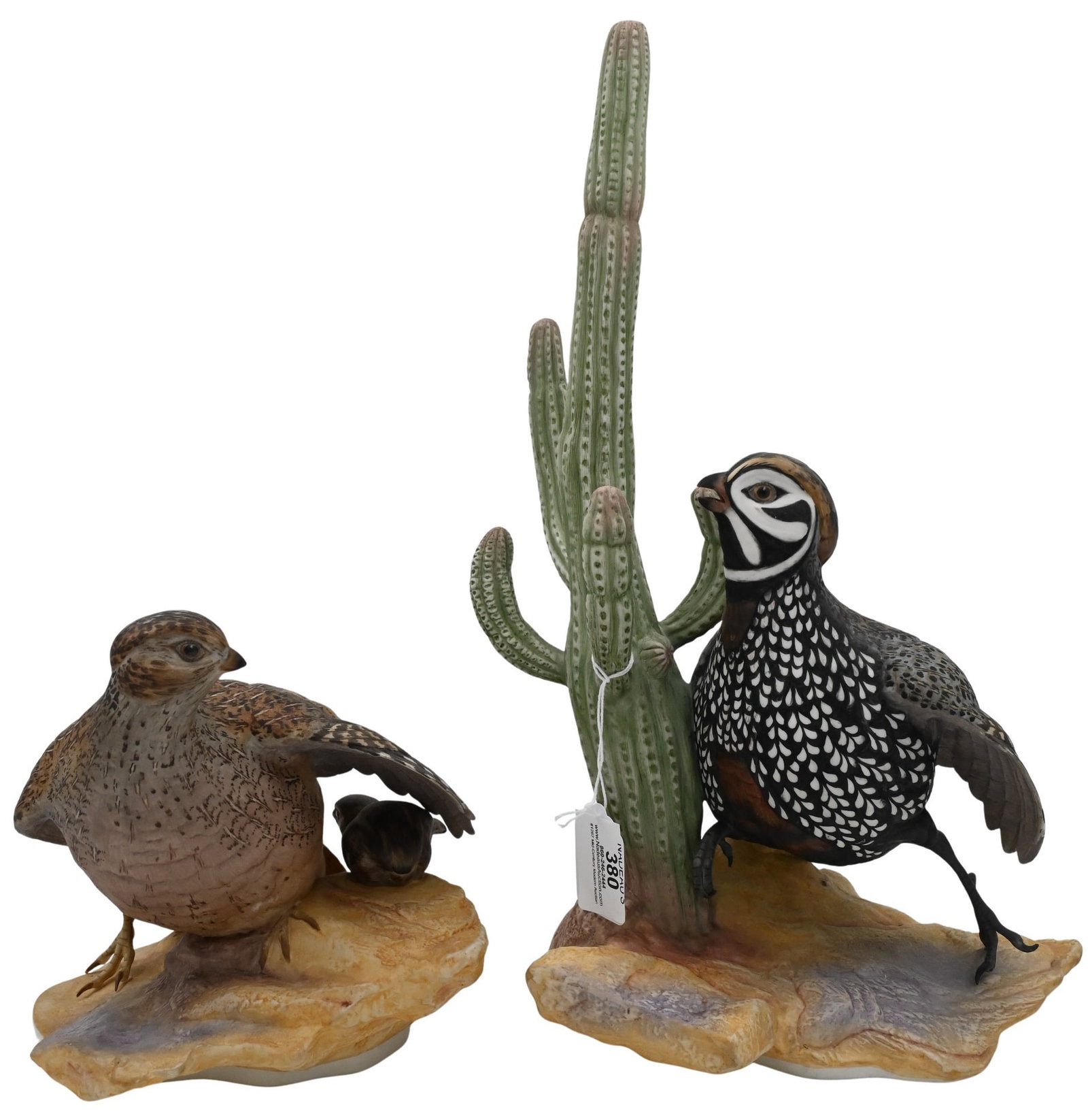 Two Piece Lot of Game Birds: Two Piece Lot of Game Birds 467 R, one with cactus, one with two chicks cactus height 14 1/2 inches, chicks height 7 1/4 inches