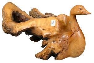 Carved Burl Root Duck Figure: Carved Burl Root Duck Figure unsigned length 24 inches