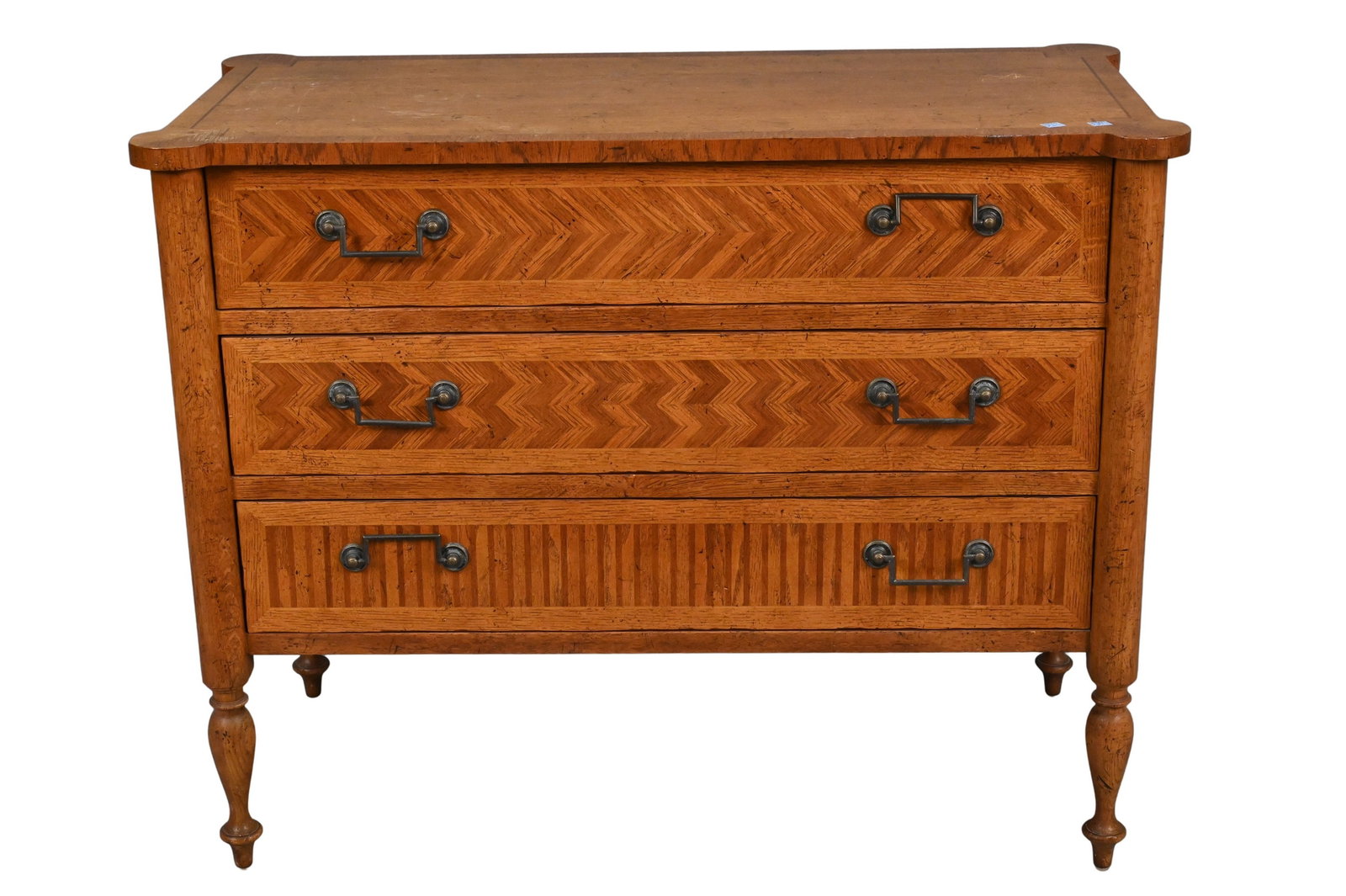 Milling Road Oak Inlaid Three Drawer Chest: Milling Road Oak Inlaid Three Drawer Chest having turret corners height 32 inches, top 20" x 40 1/2"
