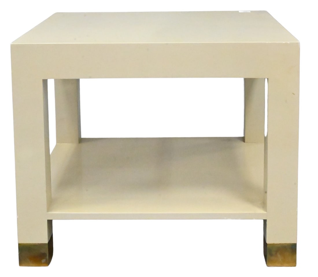 Parsons Style Occasional Table in Off-White Lacquer: Parsons Style Occasional Table in Off-White Lacquer with glass top, on legs ending in brass caps top 28" x 28"