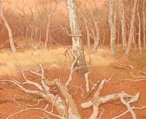 Muli Tang (Chinese/American B.1947): Muli Tang (Chinese/American B.1947) "Deer Home", 1985 Oil on canvas Signed lower right M. Tang, along with signature stamp, with title, size and date verso 26" x 32"
