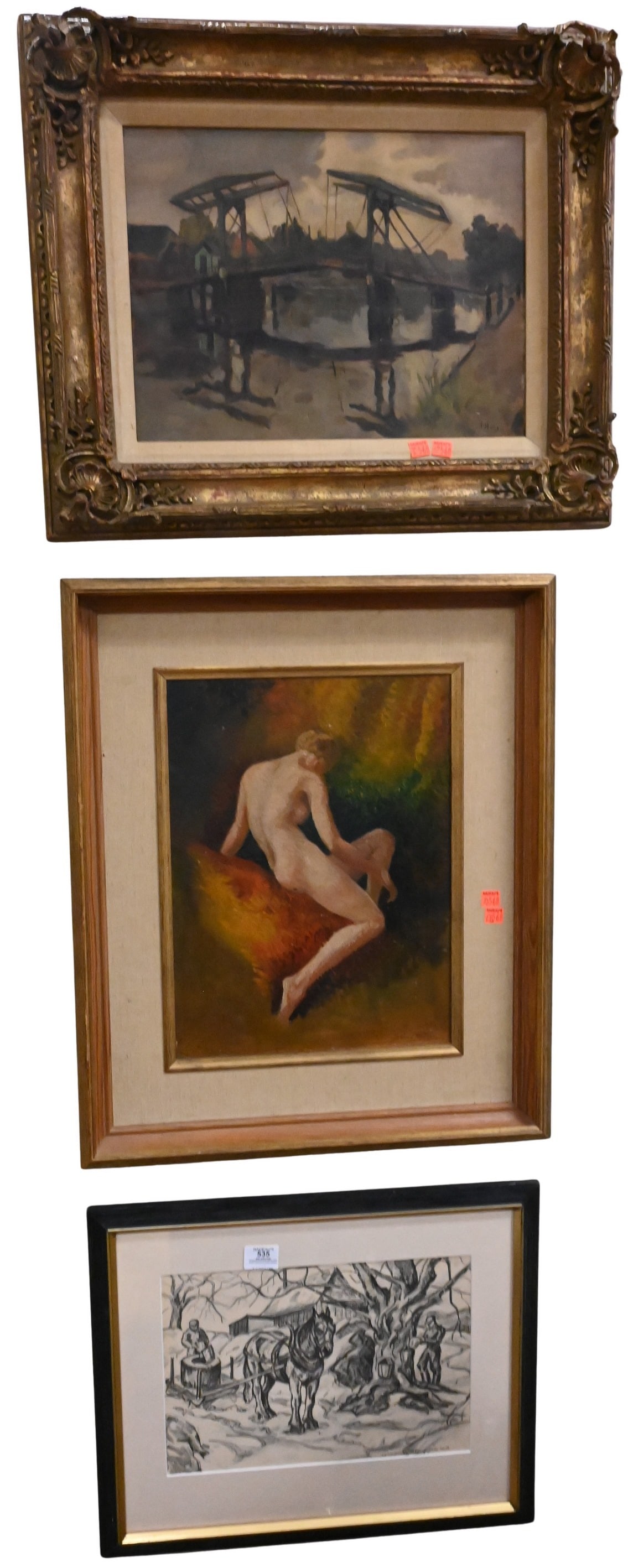 Group of Three Framed Pieces: Group of Three Framed Pieces to include B. Vincent Abbott (20th Century) Study of a female nude, 1939 Oil on board Signed and dated lower right "B. Vincent Abbott '39" 16" x 12" Landscape of a drawbri