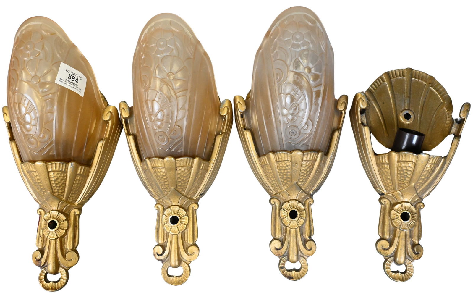 Set of Four Lincoln Art Deco Wall Sconces: Set of Four Lincoln Art Deco Wall Sconces orange glass slip shade marked Lincoln 10560, circa 1930, Christie's label on verso, one without shade height 12 1/2 inches Provenance: From a New York City E