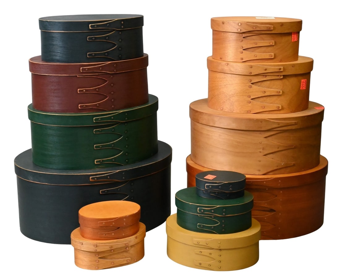 Group of 13 Shaker Style Nesting Boxes: Group of 13 Shaker Style Nesting Boxes to include seven painted oval boxes, six stained wood boxes having illegible initials tallest 6 inches, longest 13 inches