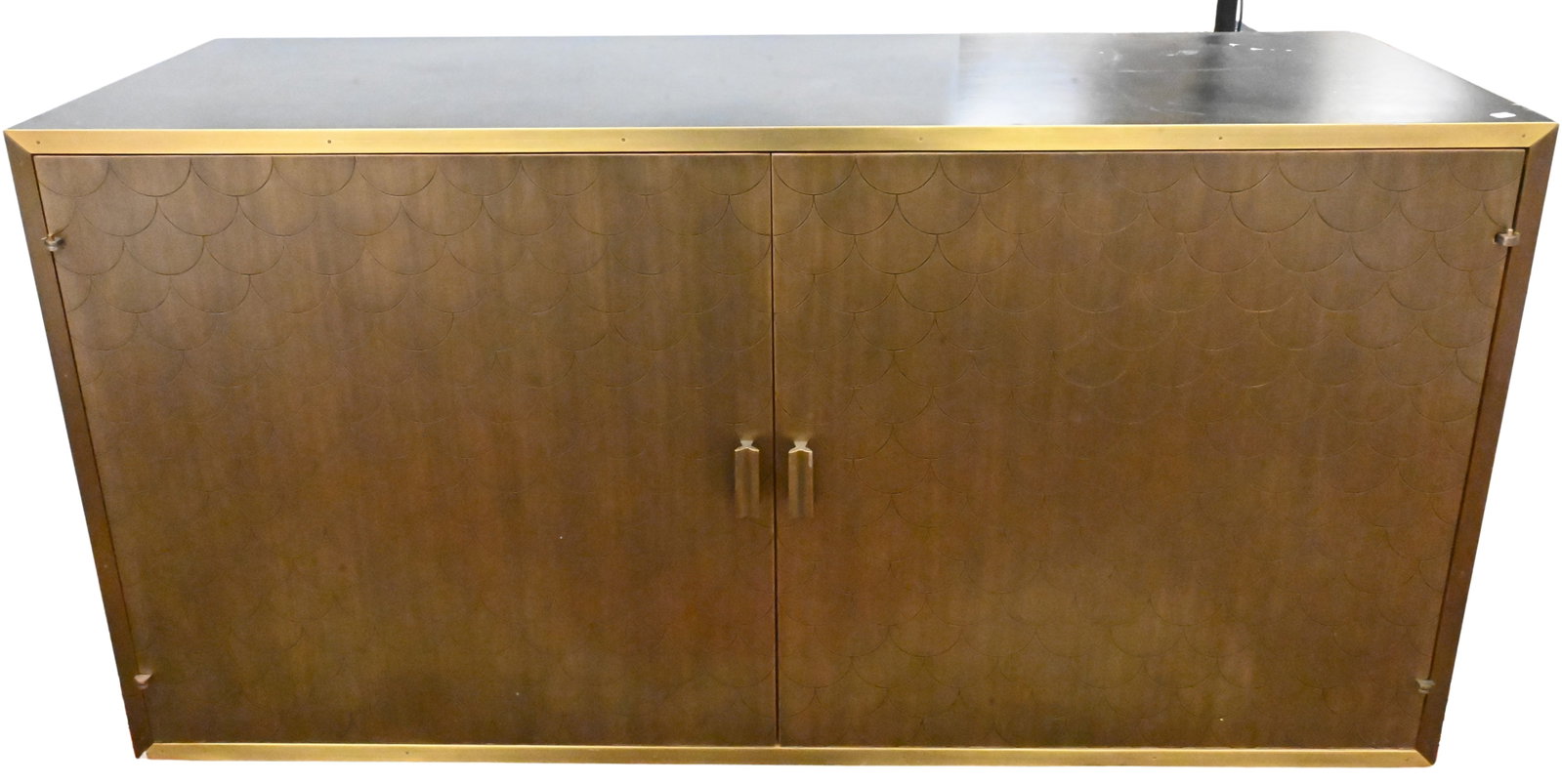 Julian Chichester Scallop Fry Cabinet: Julian Chichester Scallop Fry Cabinet having two doors opening to two drawers over interior shelving height 31 1/2 inches, width 57 inches, depth 20 inches