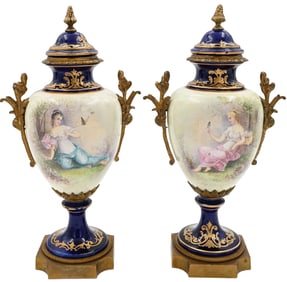 Pair of French Sevres Style Porcelain Cobalt Covered Urns