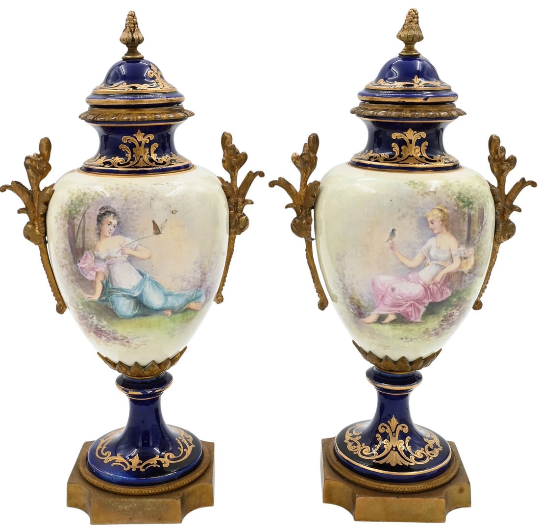 Pair of French Sevres Style Porcelain Cobalt Covered Urns (1 of 7)