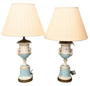 Pair of Minton Blue and White Porcelain Urns Mounted as Lamps
