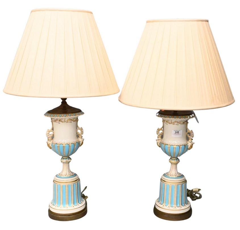 Pair of Minton Blue and White Porcelain Urns Mounted as Lamps (1 of 7)