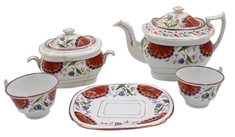 25 Piece English Pink Luster Enameled Tea Set