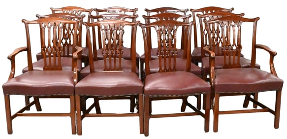 Set of 12 William Tillman Chippendale Gothic Style Mahogany Dining Chairs