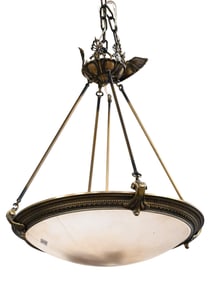 Pair of Bronze and Alabaster Drop Chandeliers