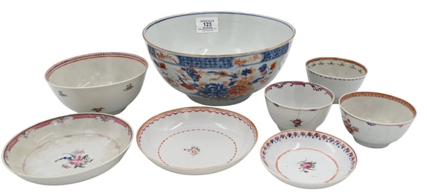 Chinese Export Bowl, Cups, and Saucers