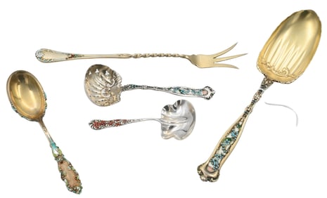 Five Piece Sterling Silver and Enamel Serving Group