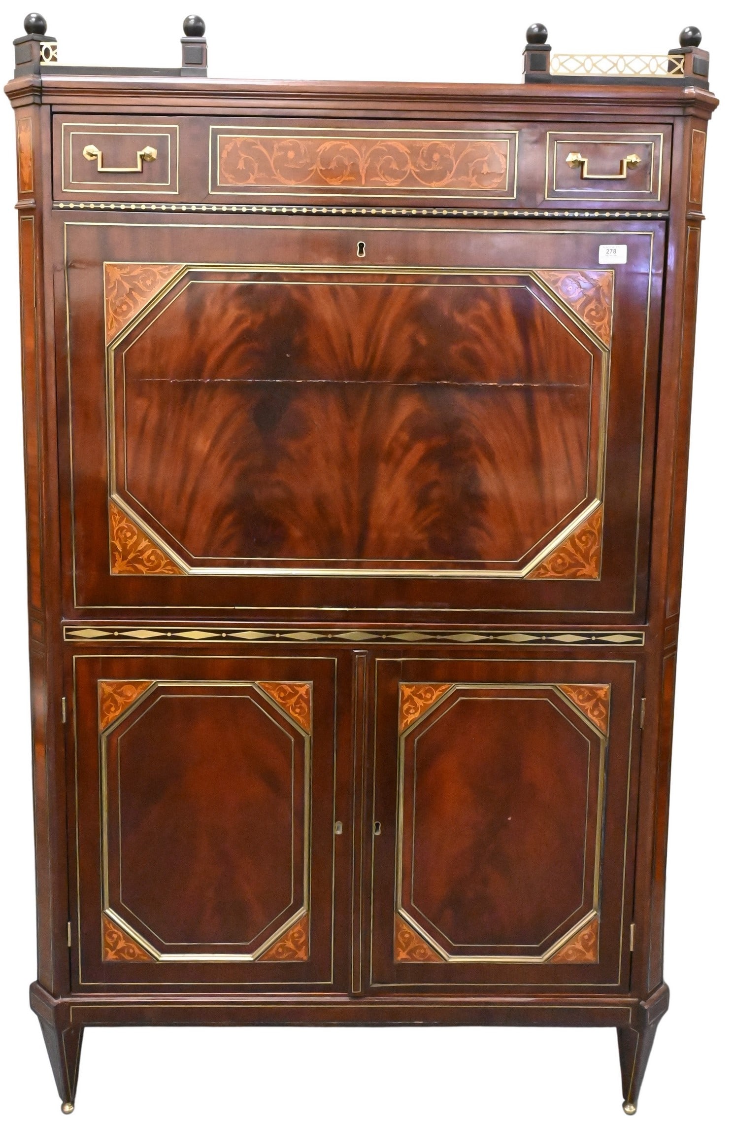 French Inlaid Secretaire: French Inlaid Secretaire having brass gallery height 65 inches, width 38 inches, depth 18 inches